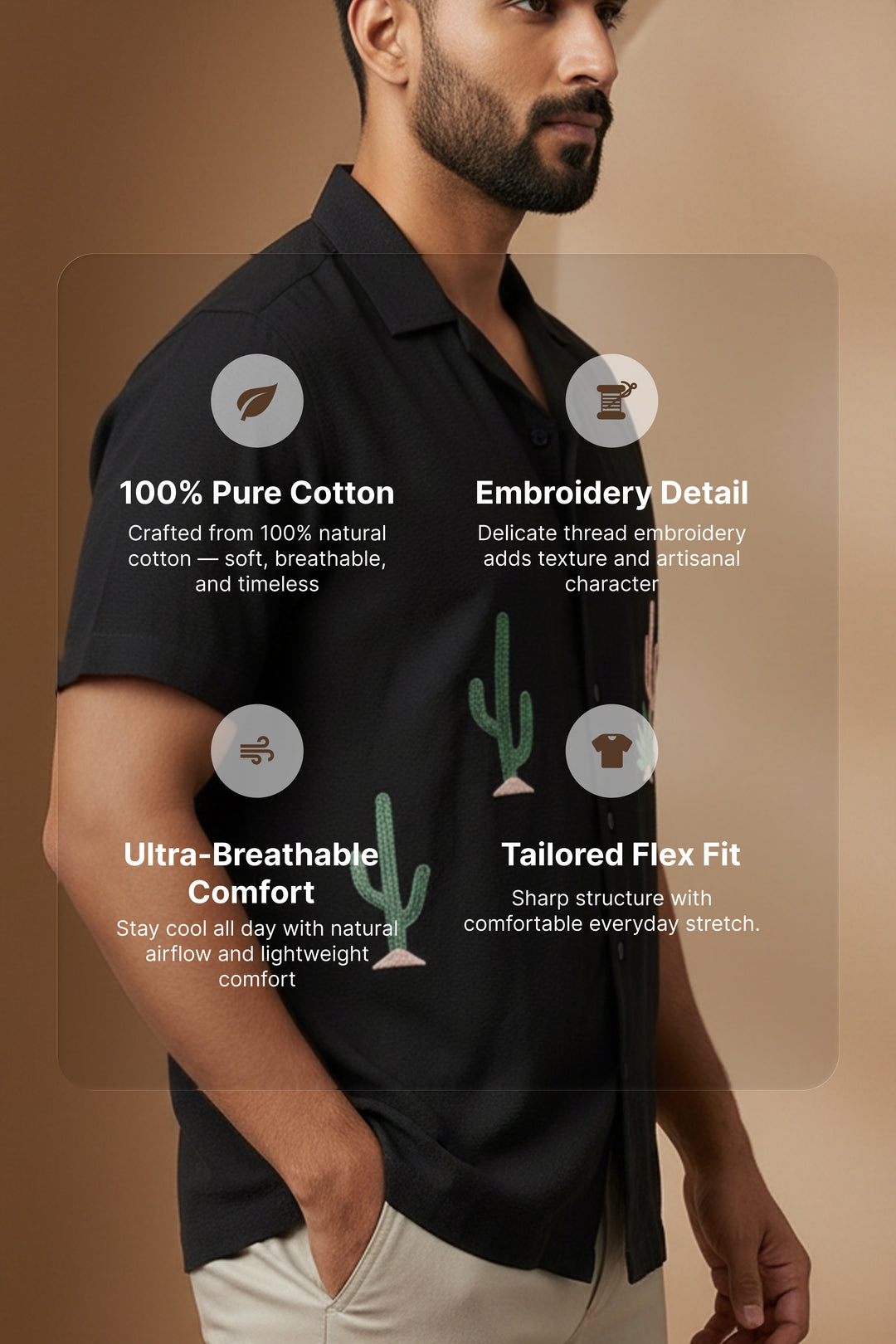 Cactyx — Black Cactus Embroidered Cotton Shirt