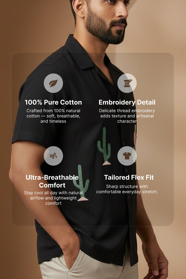Cactyx — Black Cactus Embroidered Cotton Shirt