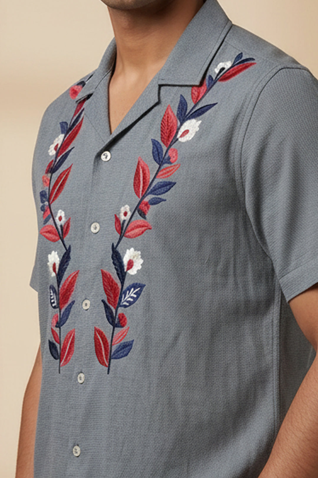 Sunduo — Grey Dual Floral Embroidered Cotton Shirt