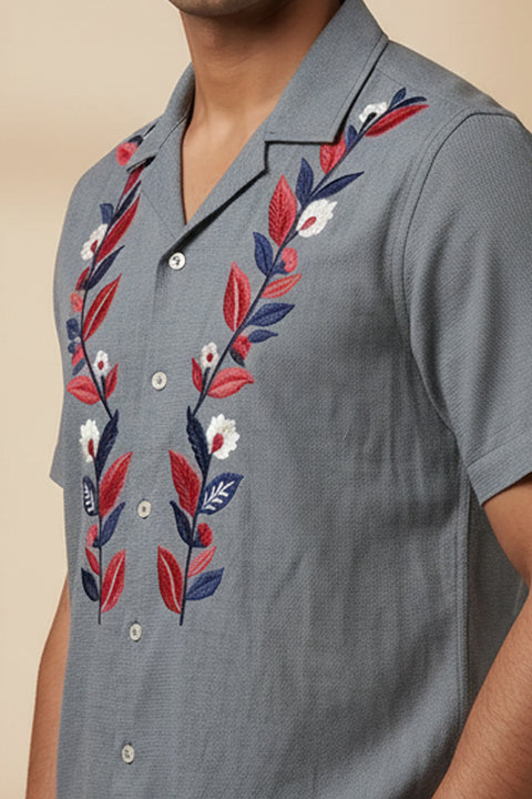 Sunduo — Grey Dual Floral Embroidered Cotton Shirt