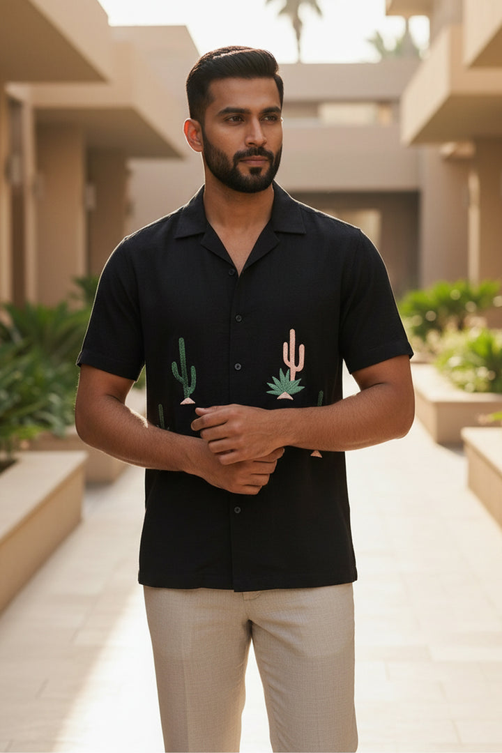 Cactyx — Black Cactus Embroidered Cotton Shirt