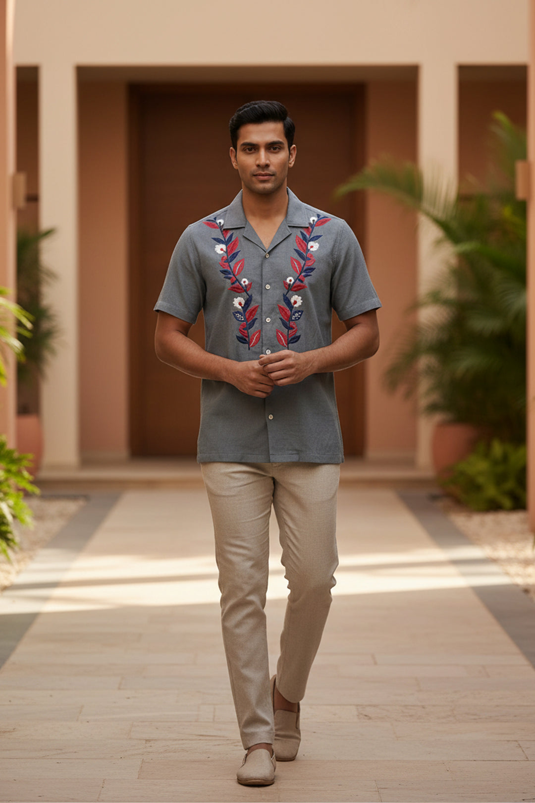 Sunduo — Grey Dual Floral Embroidered Cotton Shirt