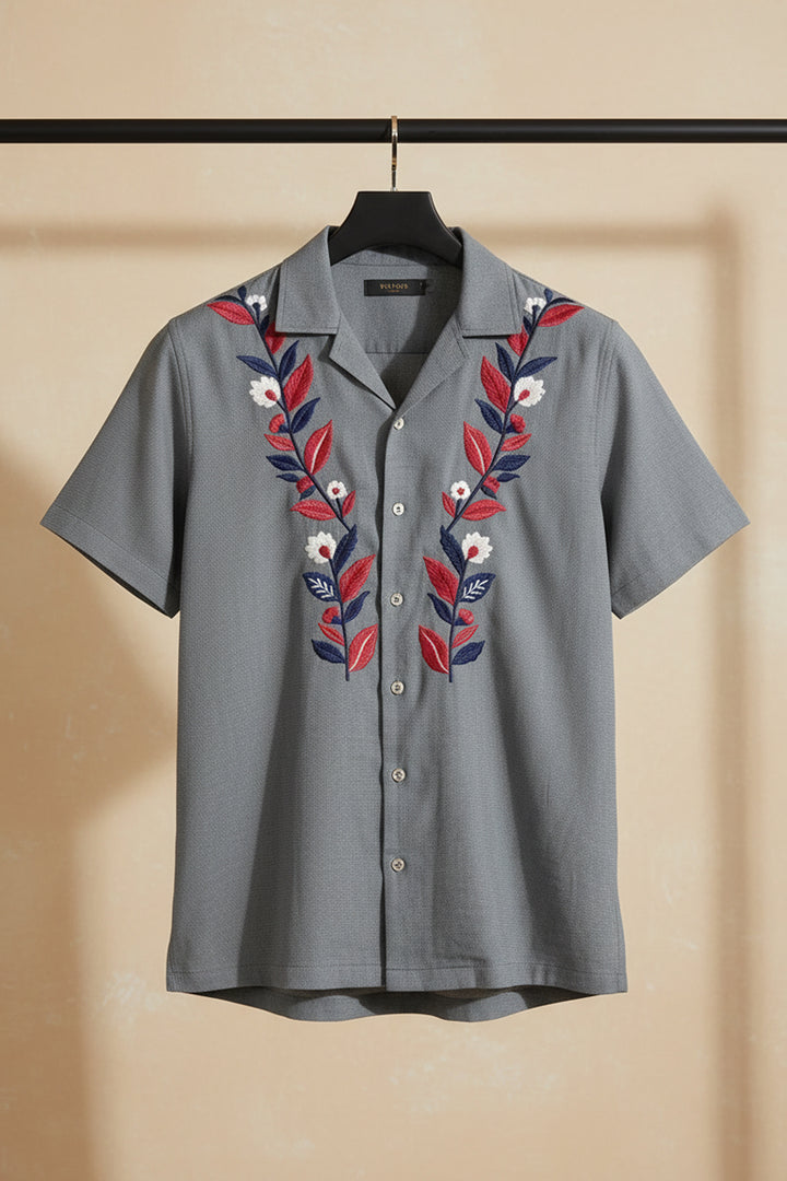 Sunduo — Grey Dual Floral Embroidered Cotton Shirt