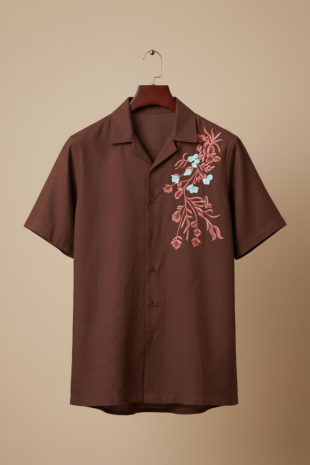 Solvra — Brown Floral Embroidered Cotton Shirt