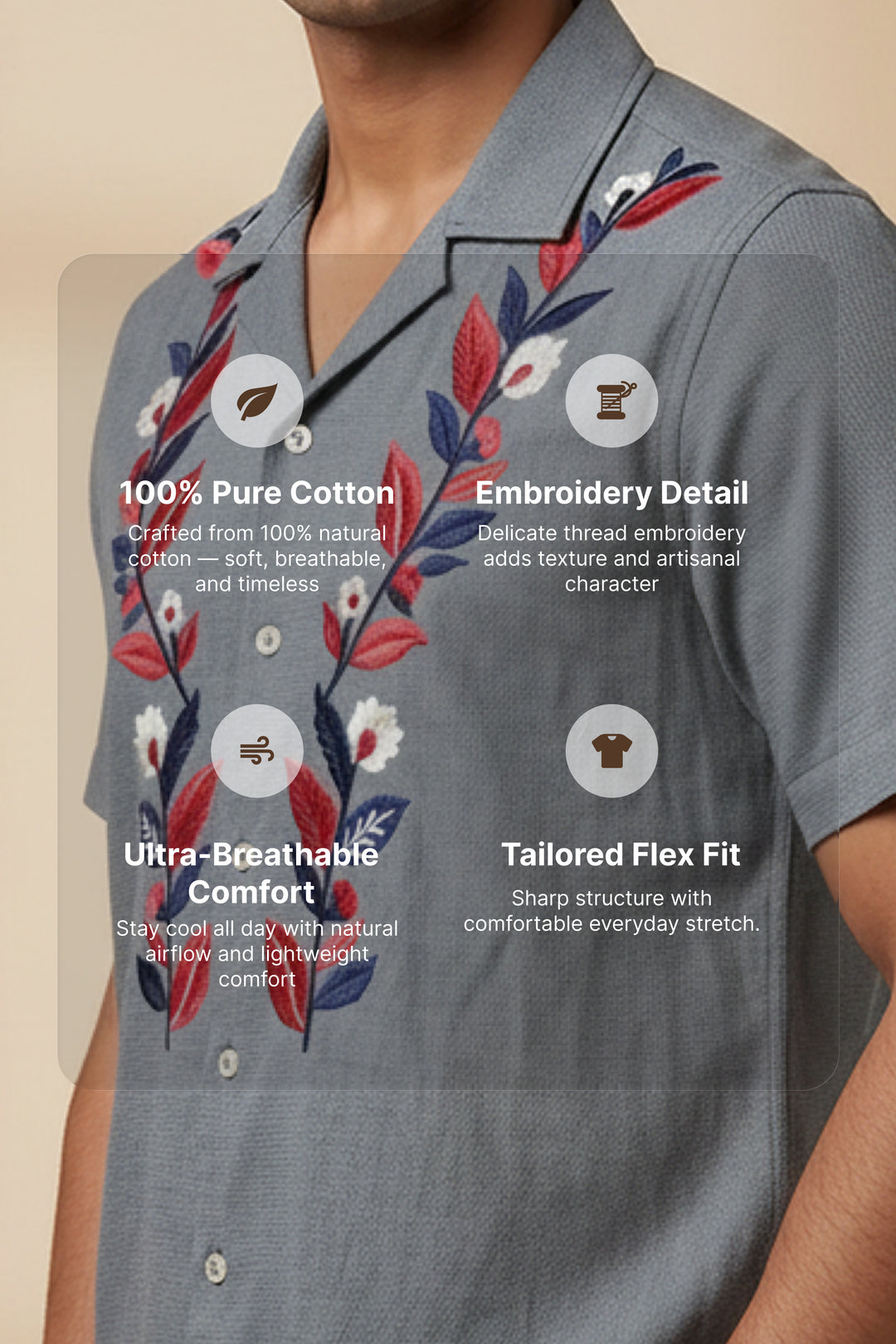 Sunduo — Grey Dual Floral Embroidered Cotton Shirt