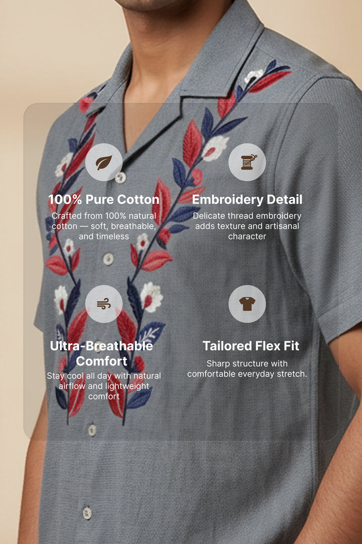Sunduo — Grey Dual Floral Embroidered Cotton Shirt
