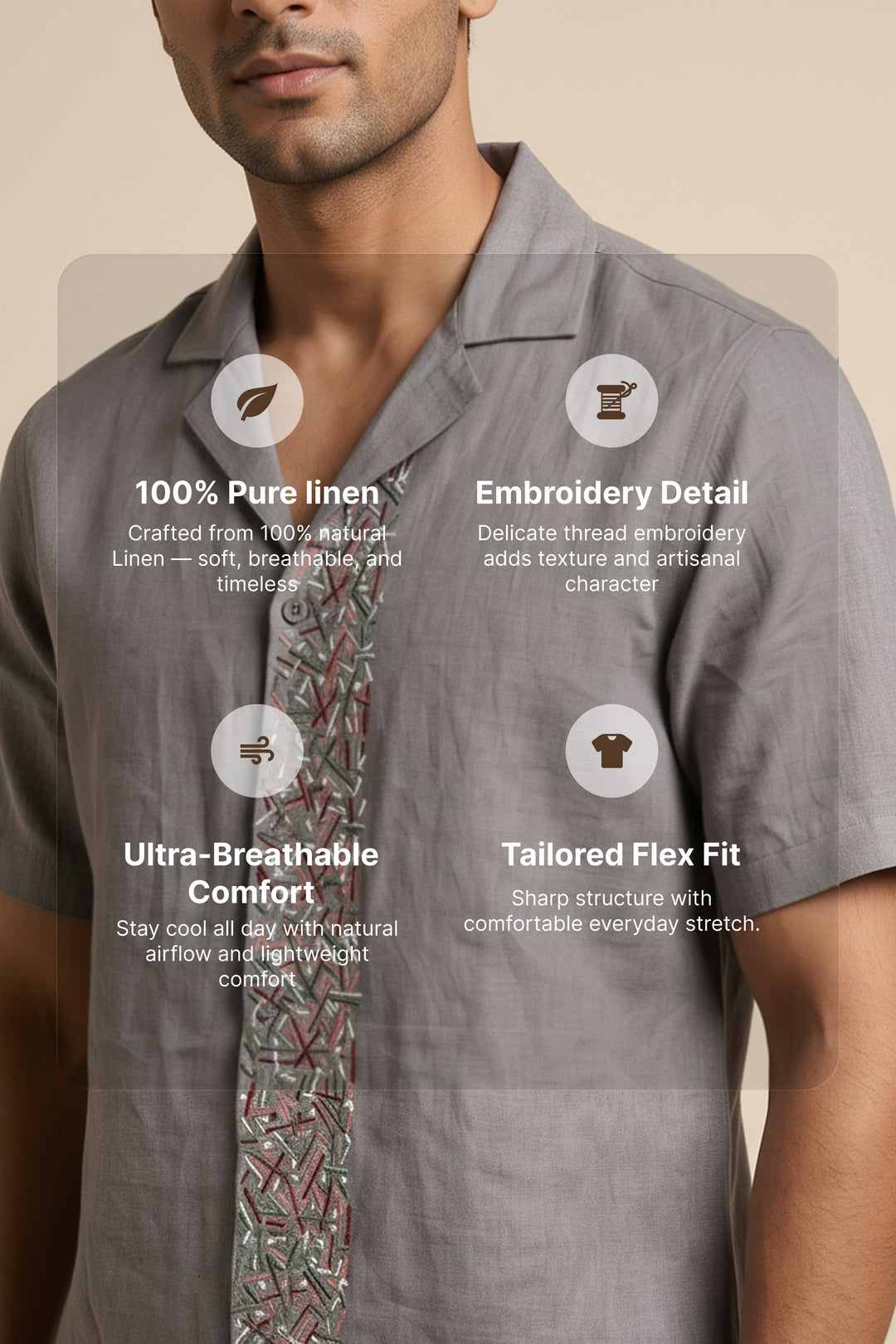 Driftstone — Grey Embroidered Linen Shirt