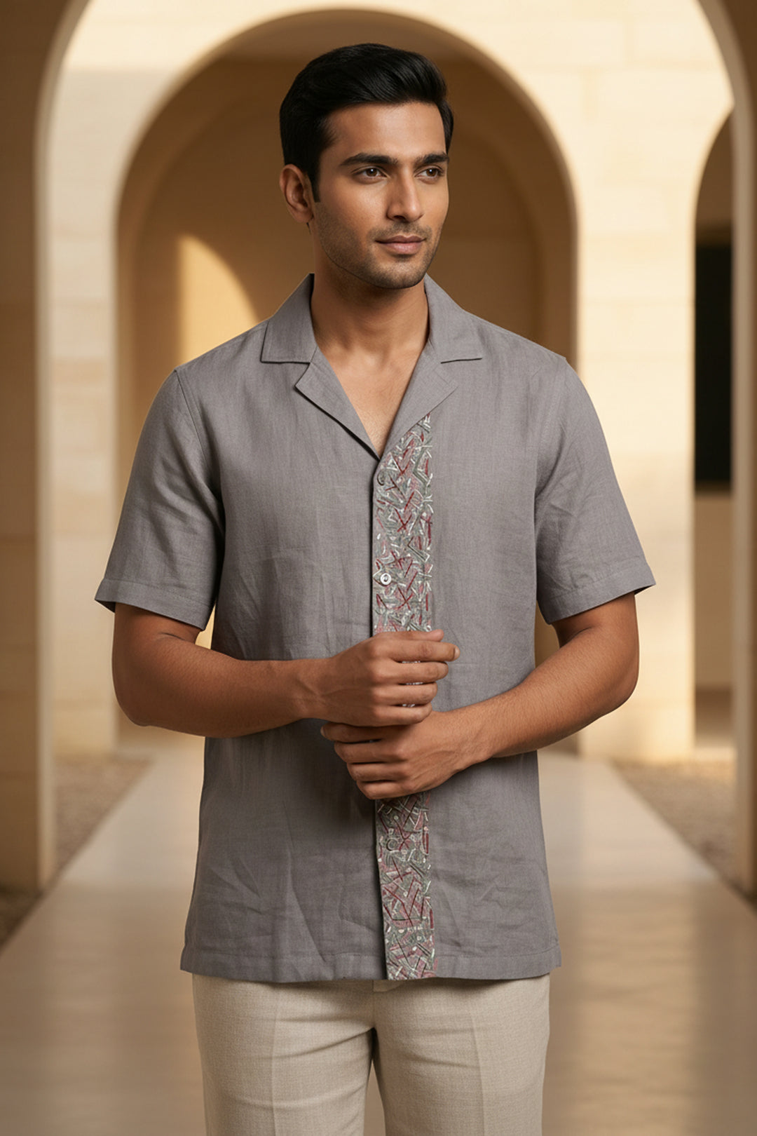 Driftstone — Grey Embroidered Linen Shirt
