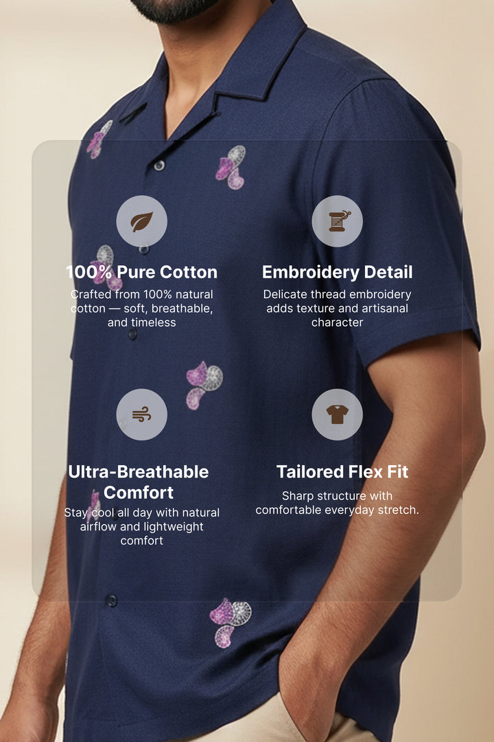 Aureole — Blue Embroidered Cotton Shirt