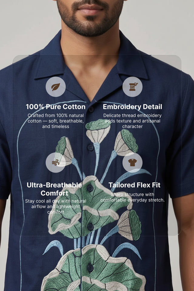 Midnight Bloom — Navy Lotus Embroidered Cotton Shirt