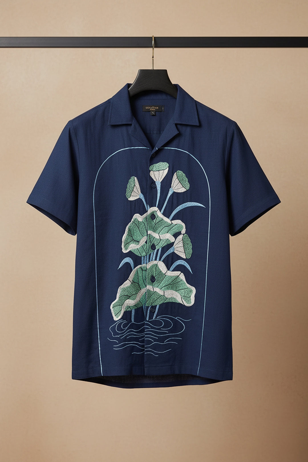 Midnight Bloom — Navy Lotus Embroidered Cotton Shirt