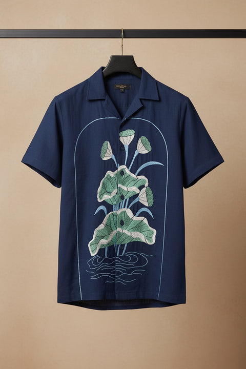 Midnight Bloom — Navy Lotus Embroidered Cotton Shirt