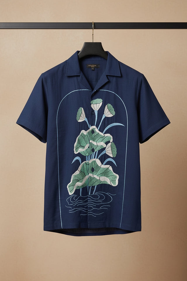 Midnight Bloom — Navy Lotus Embroidered Cotton Shirt