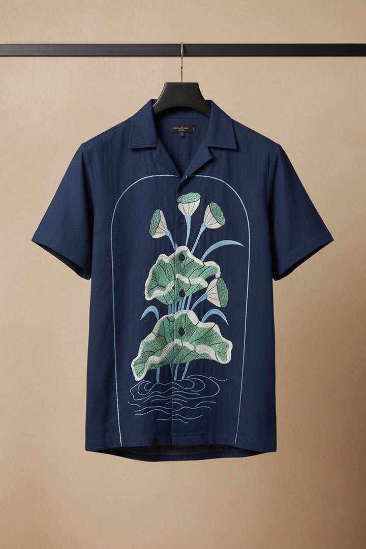 Midnight Bloom — Navy Lotus Embroidered Cotton Shirt