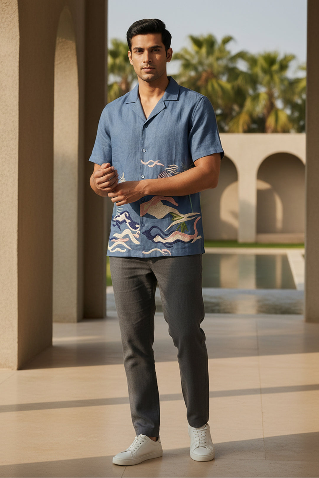 Mirage — Deep Blue Embroidered Linen Shirt