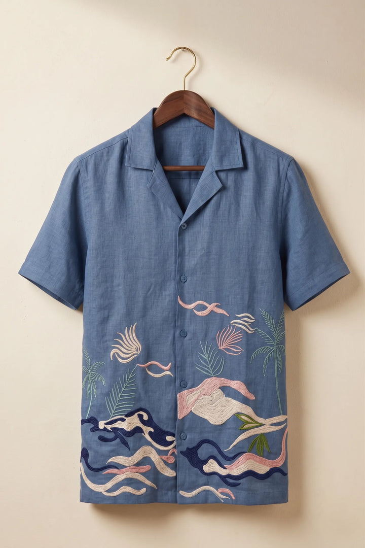 Mirage — Deep Blue Embroidered Linen Shirt