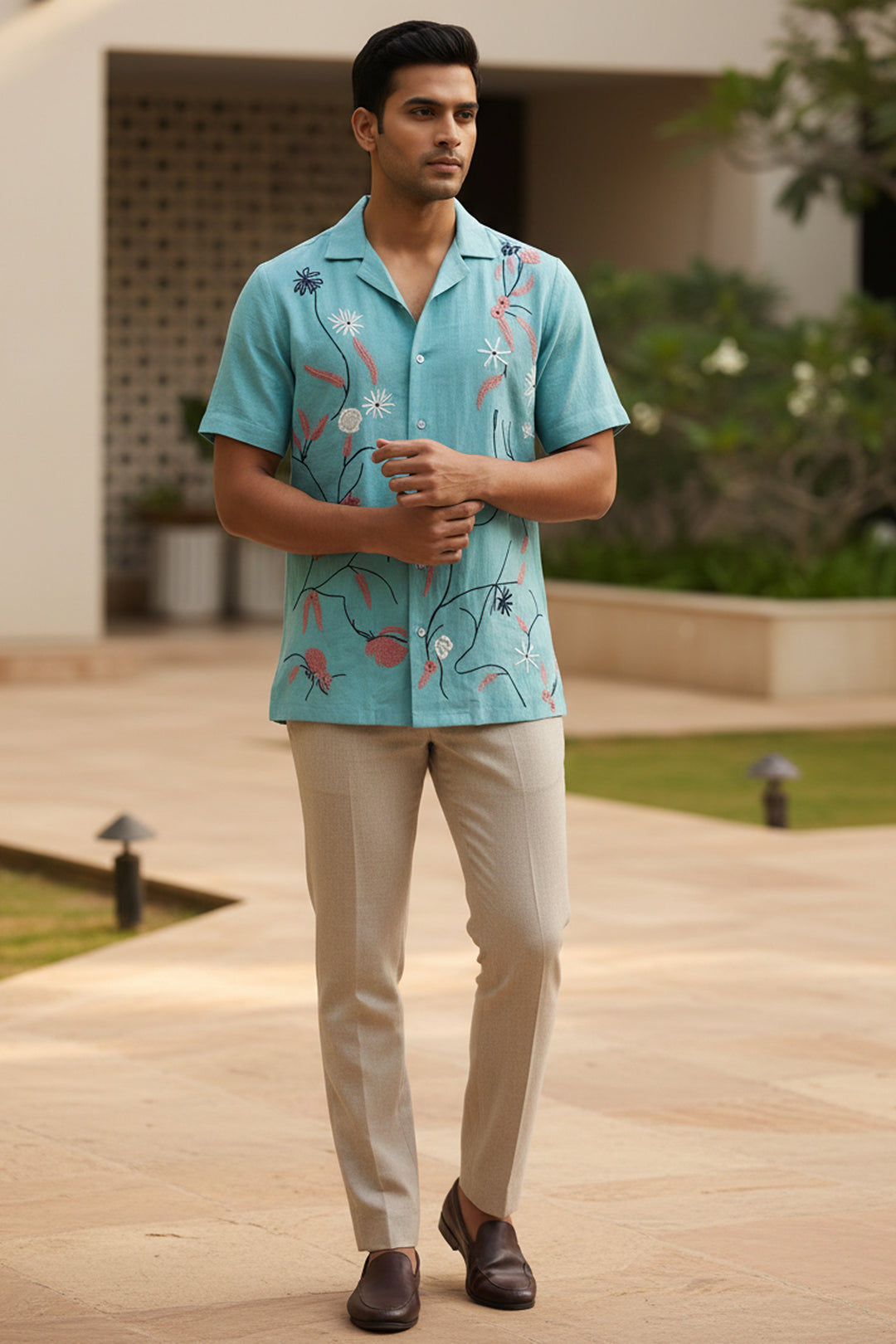 Serene — Aqua Embroidered Linen Shirt