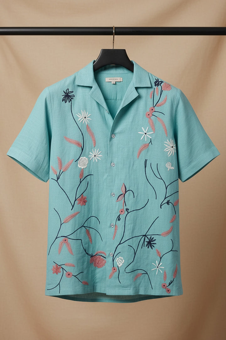 Serene — Aqua Embroidered Linen Shirt