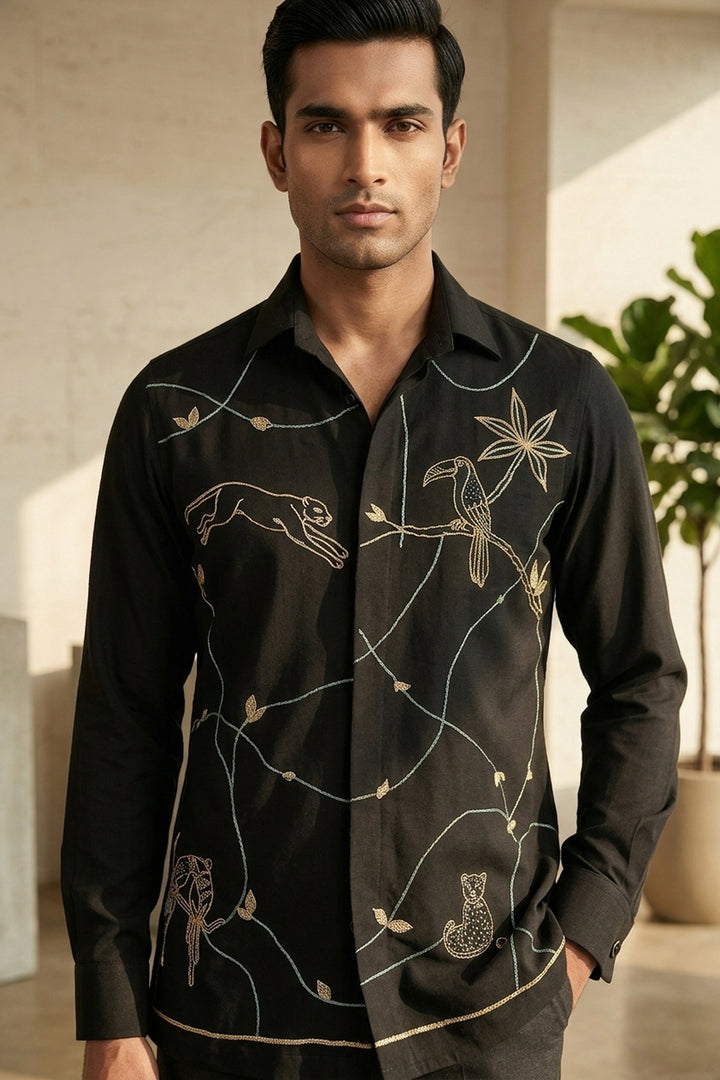 Serein — Black Thread Embroidered 4-Way Stretch Shirt