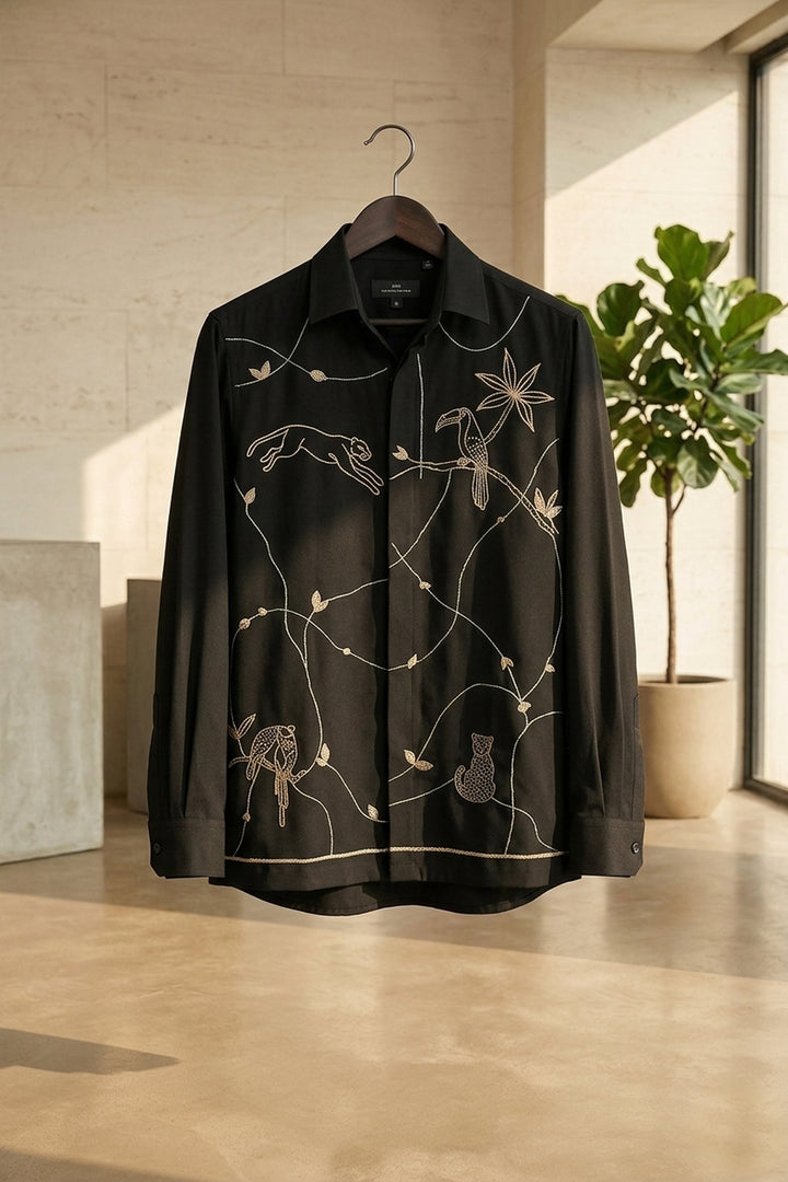 Serein — Black Thread Embroidered 4-Way Stretch Shirt