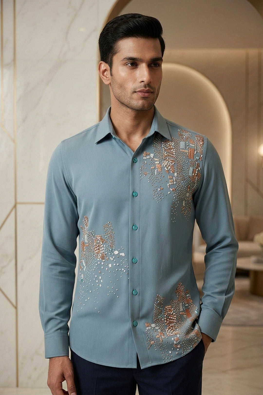 Don Celio — Sea Blue Thread Embroidered Armani Premium Shirt