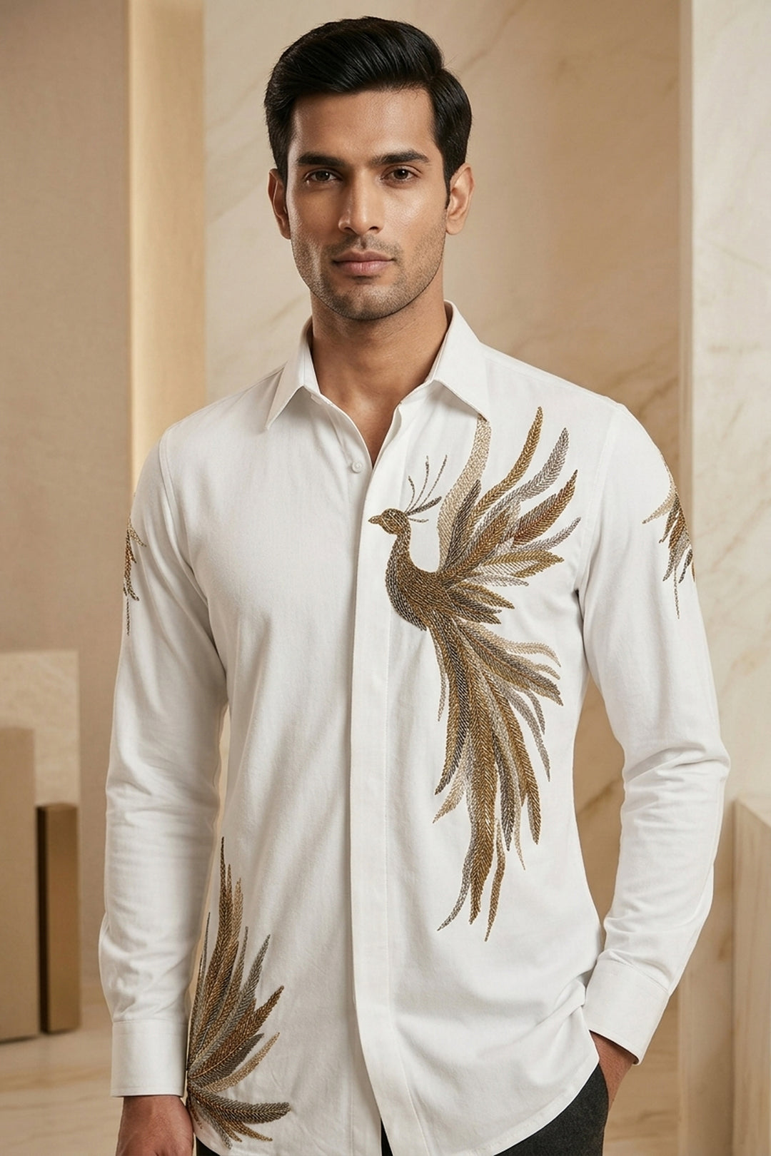 Plumage — White Hand Embroidered British Fabric Shirt