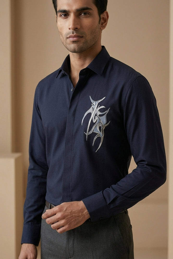 Vael — Midnight Blue Thread Embroidered 4-Way Stretch Shirt