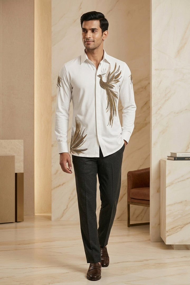 Plumage — White Hand Embroidered British Fabric Shirt