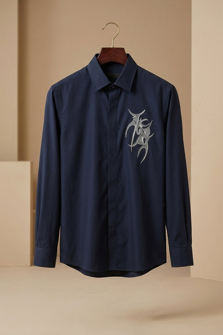 Vael — Midnight Blue Thread Embroidered 4-Way Stretch Shirt