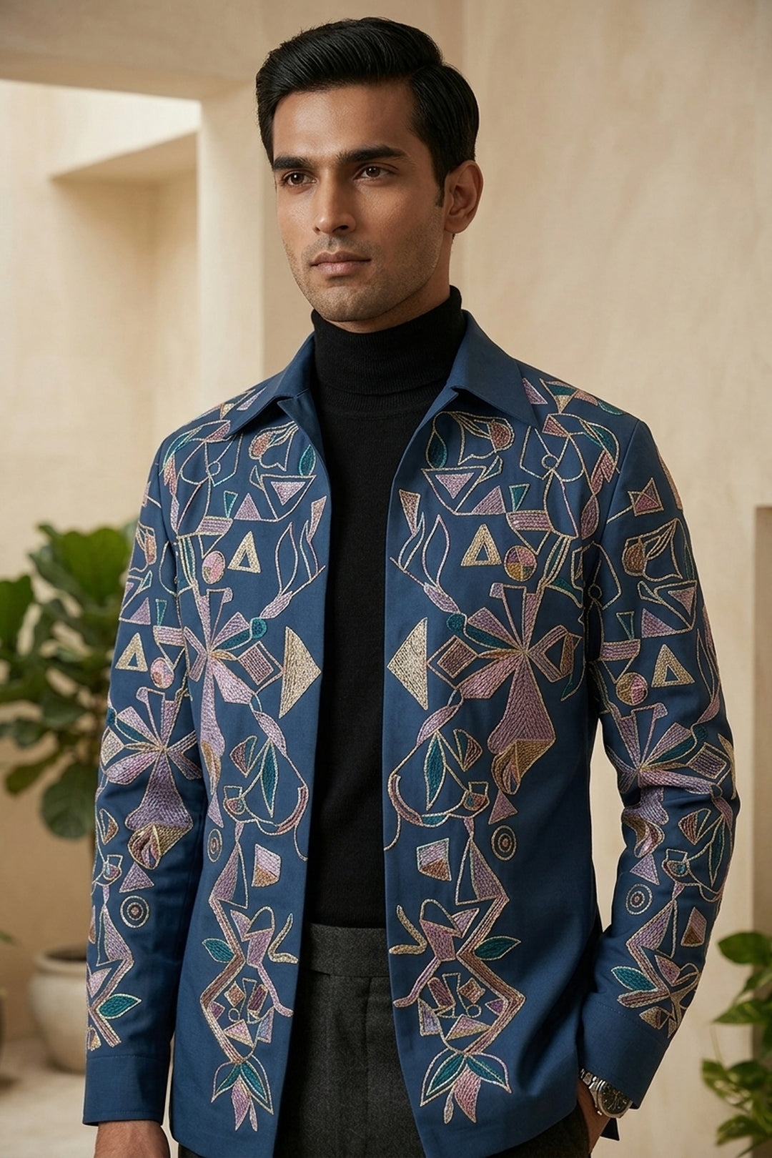 Savio — Sea Blue Thread Embroidered 4-Way Stretch Shacket