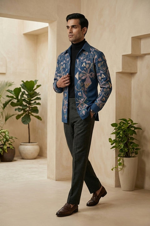 Savio — Sea Blue Thread Embroidered 4-Way Stretch Shacket