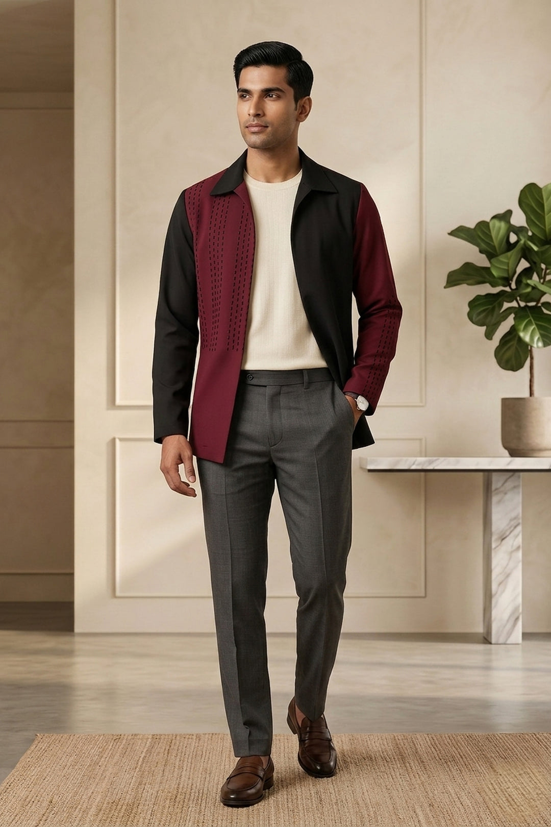 Shadeform — Burgundy Thread Embroidered British Fabric Shacket