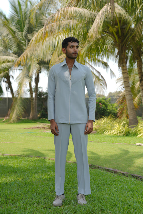 Linear Luxe — Light Blue 4-Way Stretch Shacket