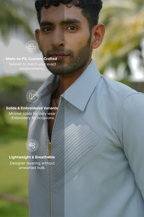 Linear Luxe — Light Blue 4-Way Stretch Shacket