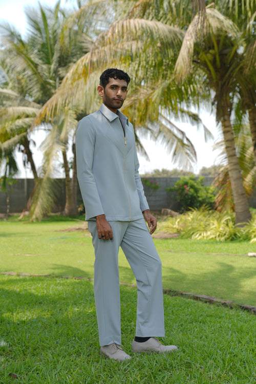 Linear Luxe — Light Blue 4-Way Stretch Shacket