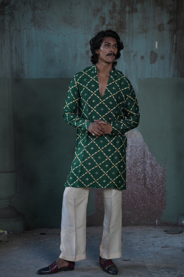 Rachit — Bottle Green Mughal Jaali Printed Falling Raw Silk Kurta
