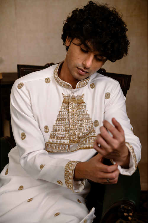 Devalaya — Ivory Hand Embroidered Cotton Blend Kurta