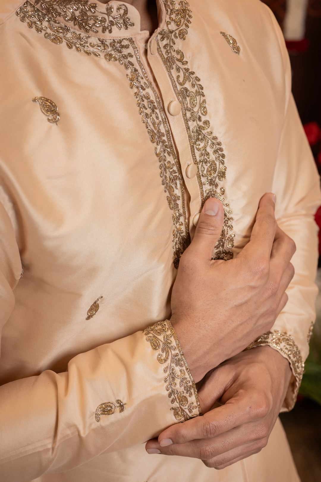 Vihaan — Pastel Peach Hand Embroidered Placket &amp; Figured Zari Brocade Border Semi Pattu Kurta + Dhoti &amp; Kanduva Set
