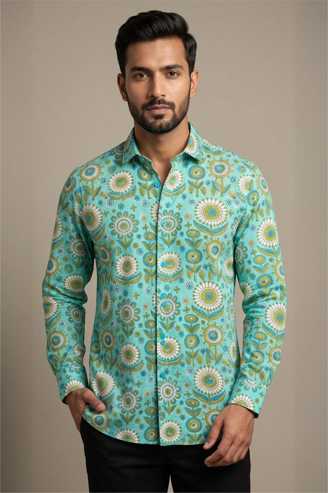 Teal Ajrakh hand block-printed cotton shirt — Turiya by HILO DESIGN