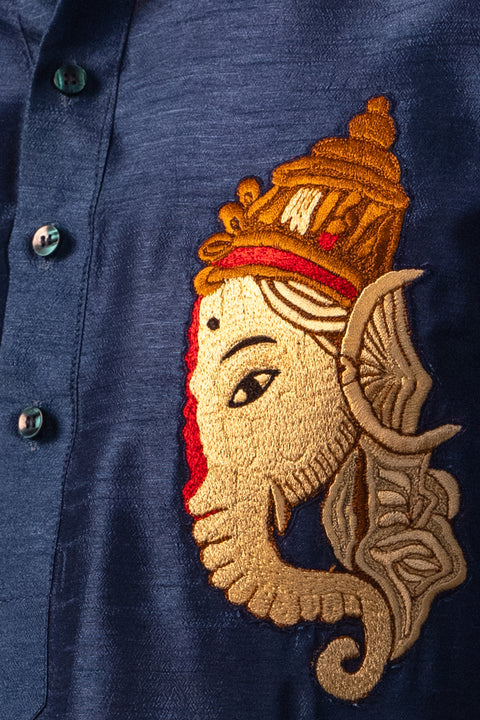 Dhuraketu — Navy Thread Embroidered Falling Raw Silk Kurta