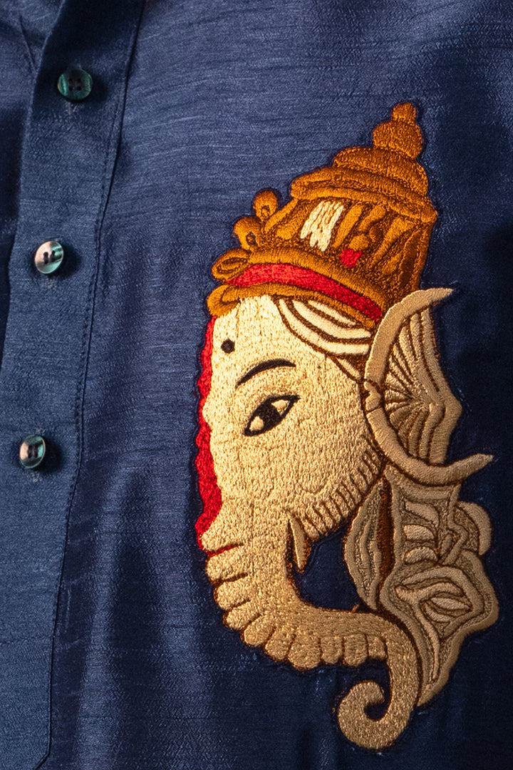 Dhuraketu — Navy Thread Embroidered Falling Raw Silk Kurta