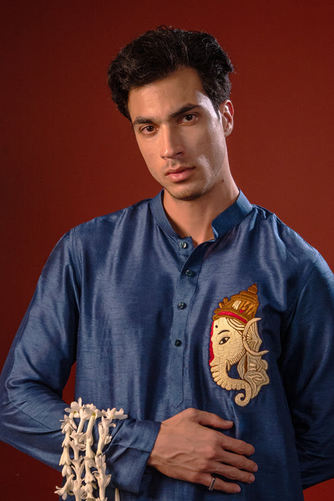 Dhuraketu — Navy Thread Embroidered Falling Raw Silk Kurta