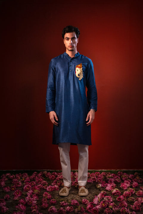 Dhuraketu — Navy Thread Embroidered Falling Raw Silk Kurta