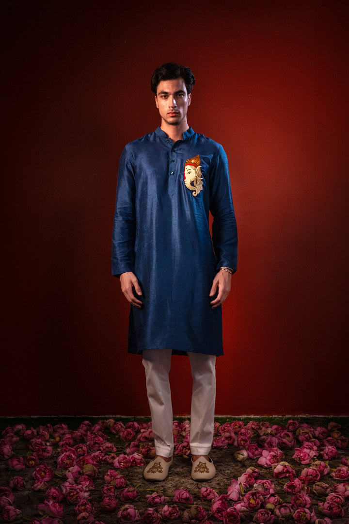 Dhuraketu — Navy Thread Embroidered Falling Raw Silk Kurta