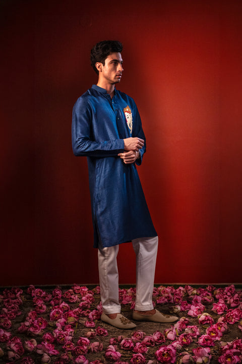 Dhuraketu — Navy Thread Embroidered Falling Raw Silk Kurta