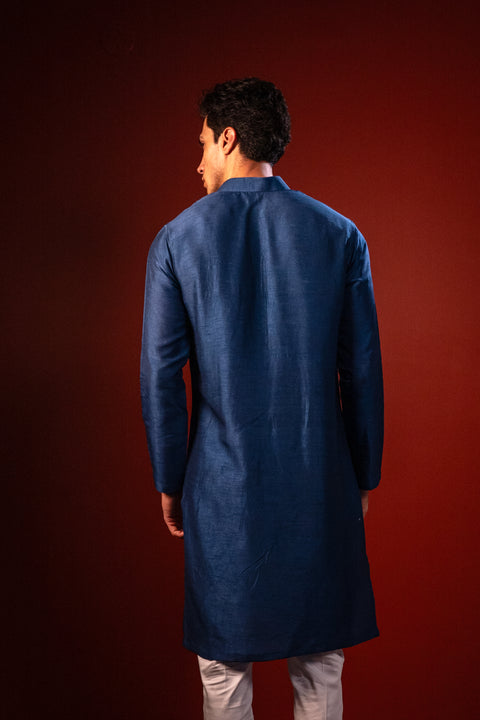 Dhuraketu — Navy Thread Embroidered Falling Raw Silk Kurta