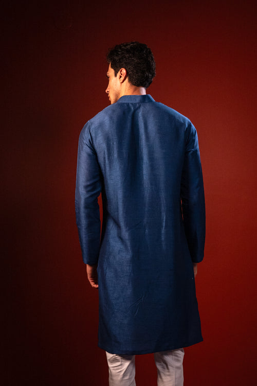 Dhuraketu — Navy Thread Embroidered Falling Raw Silk Kurta