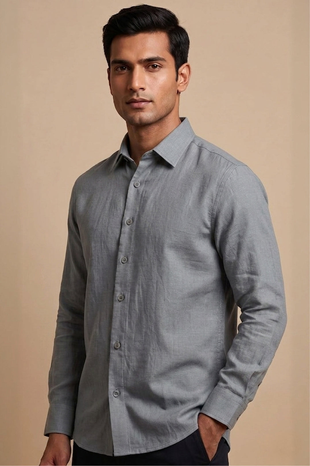 Grey cotton flex shirt with relaxed fit and open collar — Driftline by HILO DESIGN