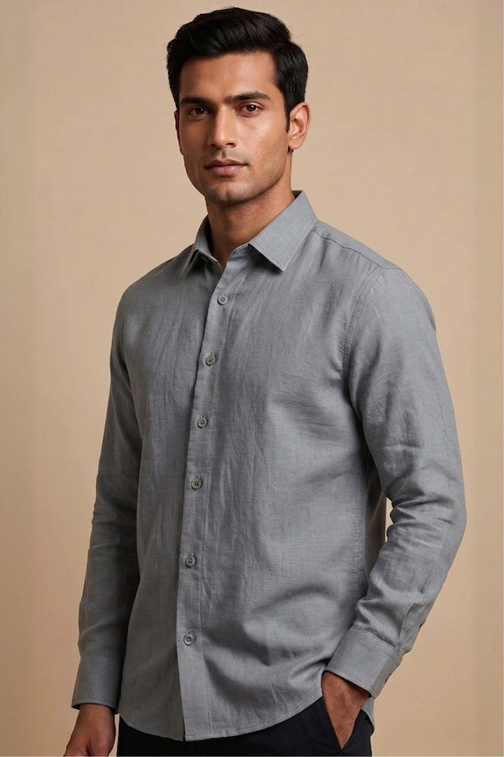 Grey cotton flex shirt with relaxed fit and open collar — Driftline by HILO DESIGN