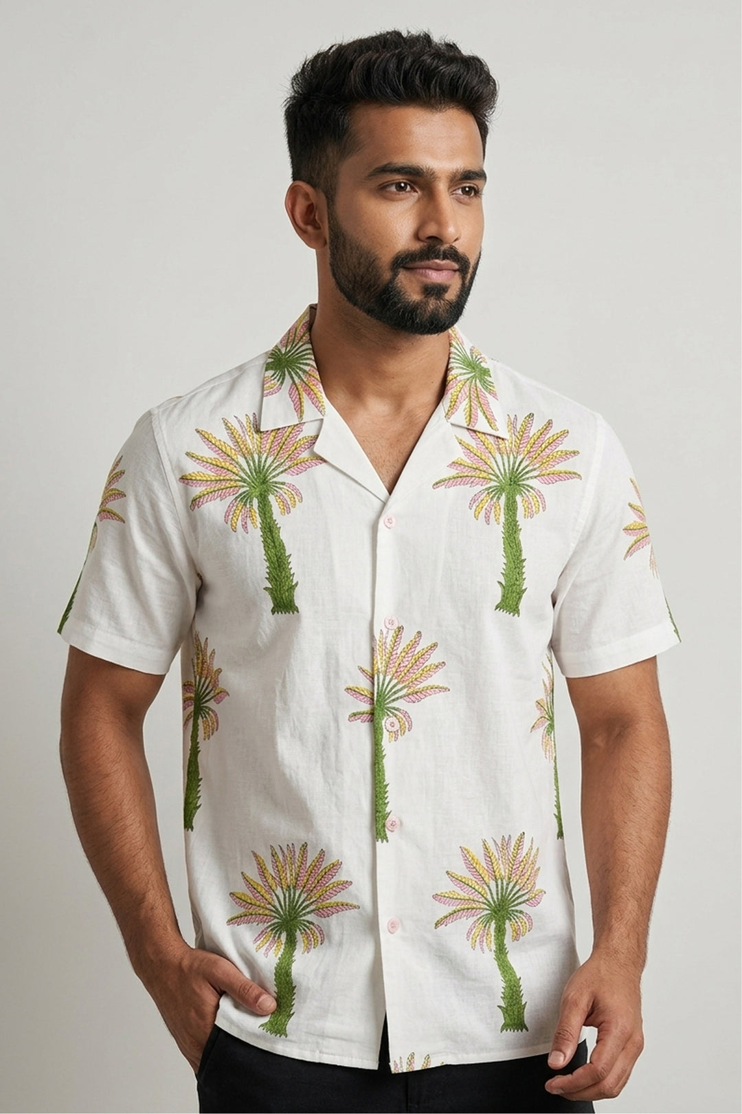 Ivory cotton shirt with Ajrakh hand block-printed palm motifs — Leisure by HILO DESIGN